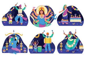 Hand drawn flat Dussehra mini composition collection vector