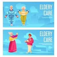 Set of two horizontal banner. Elderly care hand drawn compositions vector