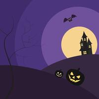 Castle, Bat and Pumpkins, Halloween Flat Background vector