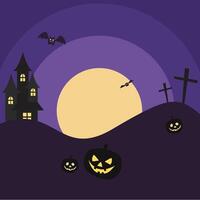 Bat, Pumpkins, Grave, and Castle Halloween Flat Background vector
