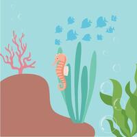Seahorse and fish crowd Undersea Flat Background vector
