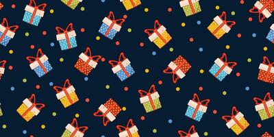 Seamless Pattern with Colorful Gift Boxes with Ribbons on a Dark Background and confetti. Ideal for festive wrapping paper, holiday decorations, and seasonal design projects vector