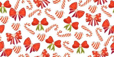 Christmas Seamless Pattern with Candy Canes, Hearts, and Red Bows. Holiday background in hand drawn style vector
