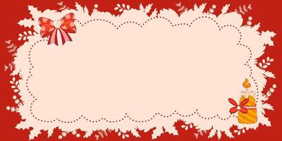 Christmas Background with Red Bow and Candle on a Red Background. Holiday Frame for Seasonal Greetings and Invitations. vector