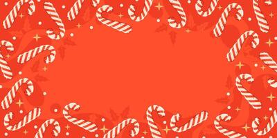 Candy Cane Christmas Border on Red Background. Holiday Frame with Candy Canes and Stars. vector