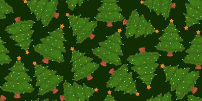 Seamless Pattern with Christmas Trees, Ornaments and Stars. Design for holiday wrapping, decorations, and seasonal projects. vector