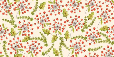 Christmas Seamless Pattern with Holly Leaves and Red Berries. Repeatable design for Seasonal holidays. vector