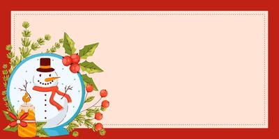 Christmas Frame with Snowman and Holly Leaves. Holiday background with Snow Globe, Berries, and Candle. vector