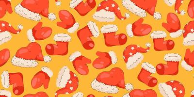 Christmas Seamless Pattern with Santa Hats, Mittens, and Stockings on a Yellow Background vector