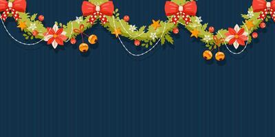 Christmas Garland with Red Bows, Bells, and Stars. Decorative garland design for holidays on a dark blue background vector