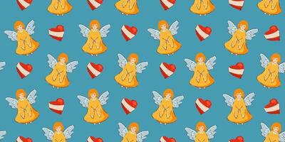 Christmas Seamless Pattern with Angels and Heart Ornaments. Holiday pattern design with angelic figures and red heart decorations. vector