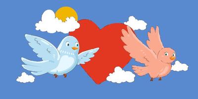 Cute Birds Flying Around a Red Heart in a Sunny Sky with Clouds. Ideal for Valentine's Day designs, love-themed projects, and greeting cards vector