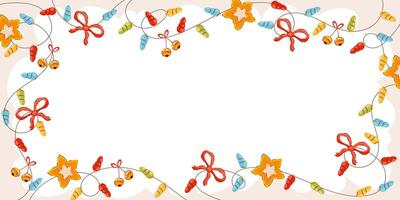 Christmas Border with Colorful Bells and Stars on a White Background. Christmas Frame with Decorative Elements and Space for Text vector