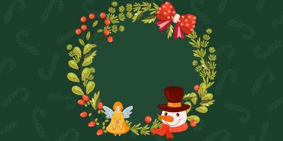 Christmas Wreath with Snowman, Angel, and Red Bow. Decorative Holiday Frame on Green Background with Candy Cane Pattern vector