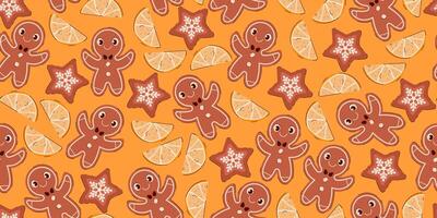 Gingerbread and Orange Slice Christmas Seamless Pattern. Cheerful holiday design with gingerbread men, star cookies, and citrus slices vector