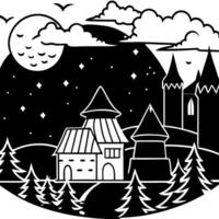 A black and white drawing of a castle and trees vector