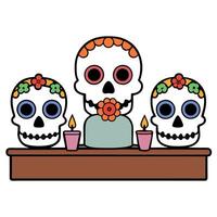 Three sugar skulls sitting at a table with candles vector