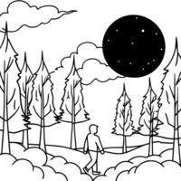 A man walking through the forest with trees and the moon vector