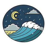 A night sky with a wave and a moon vector