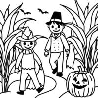 Scarecrow and pumpkin coloring pages vector
