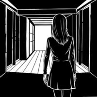 A black and white drawing of a woman walking through an open door vector