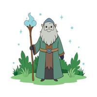 A cartoon wizard with a staff and a blue wand vector