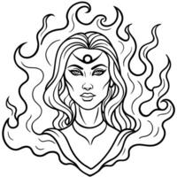 A woman with fire in her hair coloring page vector