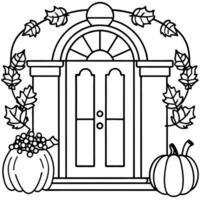 A door with pumpkins and leaves coloring page vector