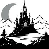 Castle in the mountains with moon and trees vector
