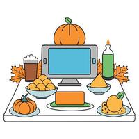Thanksgiving dinner table with pumpkin, apple, and other food vector