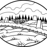 A black and white drawing of a field with trees and a fence vector