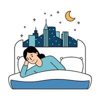 A woman sleeping in bed with city skyline in the background vector