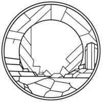 A black and white drawing of a circular shape with a mountain in the middle vector