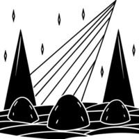 A black and white drawing of a mountain with a sun shining vector