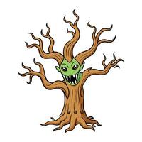 A cartoon tree with a green face and fangs vector