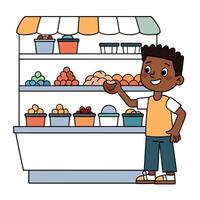 A boy standing in front of a store with a variety of food vector