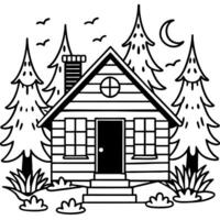 A black and white drawing of a house in the woods vector