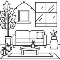 A living room with a couch, plants and a window vector