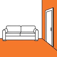 An orange room with a couch and a door vector