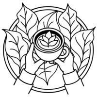 A hand holding a cup of coffee with leaves in the background vector
