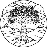 A tree with a mountain in the background coloring page vector