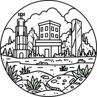 A city in a circle with buildings and trees vector