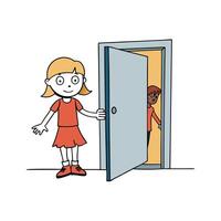 A cartoon girl is standing in front of an open door vector