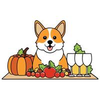A corgi dog sitting at a table with a plate of food vector