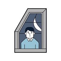 A man is looking out the window at night vector
