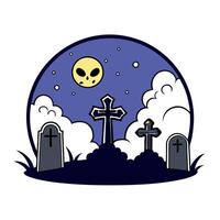 A cartoon graveyard with a moon and a cross vector