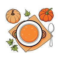 A bowl of soup with pumpkins and leaves on a table vector