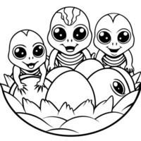 Three baby aliens in a nest coloring page vector