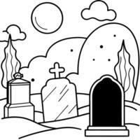 A cemetery with tombstones and trees coloring page vector