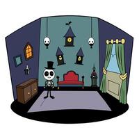 A cartoon skeleton in a room with a bed and a chair vector